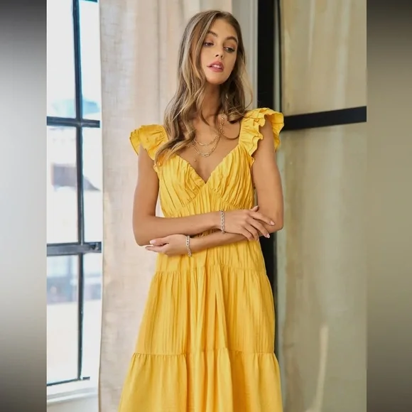 11. Women's Crinkled Fabric Ruffle Sleeve Deep V-Neck Maxi Dress - Picture 6 of 7